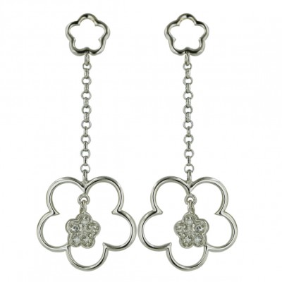 Sterling Silver Earring 17X17mm Clear Cubic Zirconia Flower with Plain Open Clover+Plai