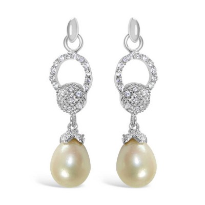 Sterling Silver Earring 7X13mm Fresh Water Pearl with Clear Cubic Zirconia Round Top--Rhodium Plating--