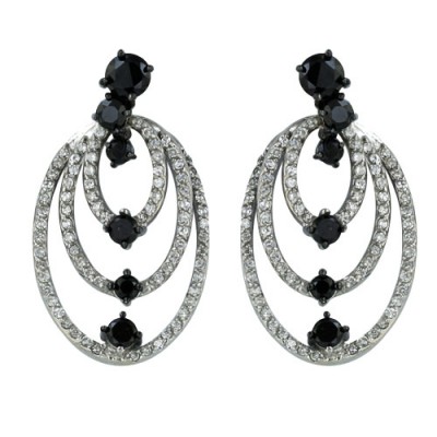Sterling Silver Earring 30X17mm Open Triple Layer Clear Cubic Zirconia Oval with 6 P