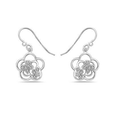 Sterling Silver Earring 15mm Clear Cubic Zirconia+Plain Open Flower--Rhodium Plating/Nickle Free--