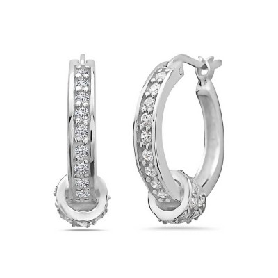Sterling Silver Earring 20mm Clear Cubic Zirconia Open Hoop with Double Rope Bottom-