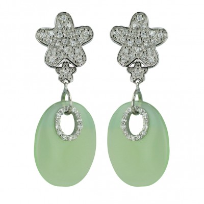 Sterling Silver Earring 24X18mm Green Jade Oval with Clear Cubic Zirconia Flower Top