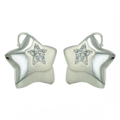 Sterling Silver Earring (W=23mm) Plain Star with Clear Cubic Zirconia Star+Cutout