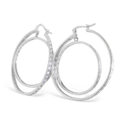 Sterling Silver Earring 40+30mm Clear Cubic Zirconia Open Latch Hoop