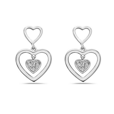 Sterling Silver Earring 13mm Plain Open Heart with Clear Cubic Zirconia Heart inside