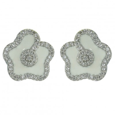 Sterling Silver Earring White Enamel Flower with Clear Cubic Zirconia Lines