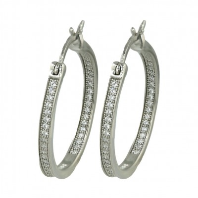 Sterling Silver Earring Micropave Clear Cubic Zirconia Latch Hoop