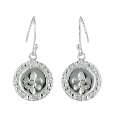 Sterling Silver Earring 13mm Clear Round with Plain Fleur De Lis Ctr+Fis
