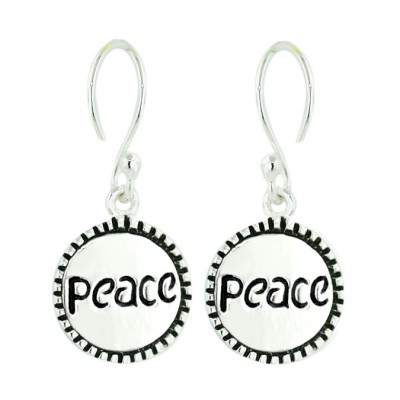 Sterling Silver Earring 11mm Plain Round with Oxidized Word "Peace" O