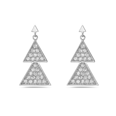 Sterling Silver Earring 24mm Clear Cubic Zirconia Double Triangle Bezel Set--Rhodium Plating/
