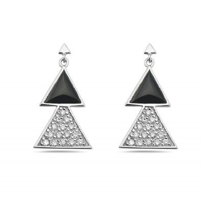 Sterling Silver Earring 23mm Onyx Top with Clear Cubic Zirconia Bottom Triangles Bez