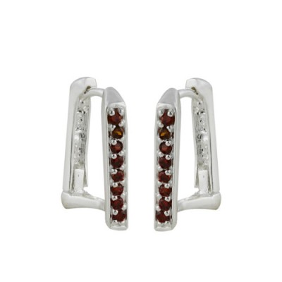 Sterling Silver Earring Outer Garnet Cubic Zirconia Rectangular Huggies--Silver Plate+An