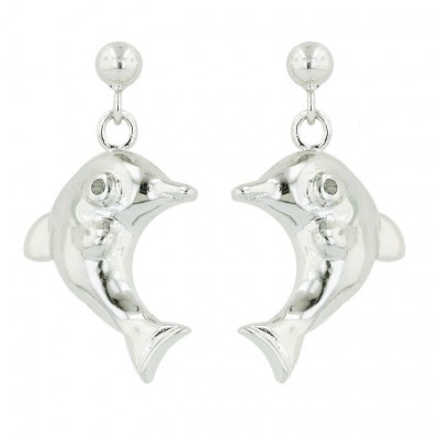 Sterling Silver Earring Plain Dolphin with 2Pcs Clear Diamond
