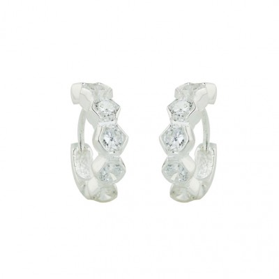 Sterling Silver Earring 6Pcs Hexagon Clear Cubic Zirconia Huggies--E-Coated