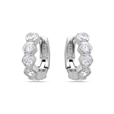 Sterling Silver Earring 6Pcs Hexagon Clear Cubic Zirconia Huggies--Rhodium Plating