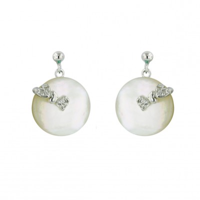 Sterling Silver Earring 15mm Round White Mother of Pearl with Plain+Clear Cubic Zirconia Heart