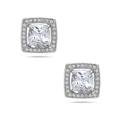Sterling Silver Earring 6X6mm Cushion Clear Cubic Zirconia+Micropave Around