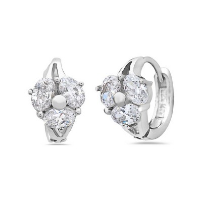 Sterling Silver Earring 3 Oval Clear Cubic Zirconia Huggies--Rhodium Plating