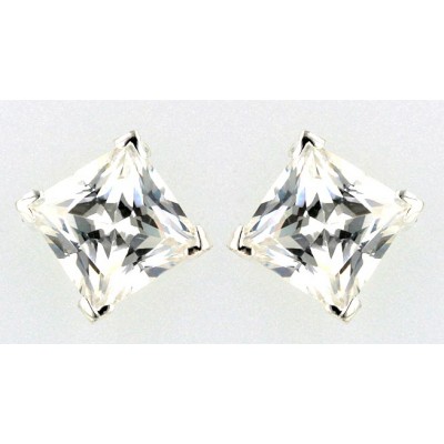 Sterling Silver Earring Square Clear Cubic Zirconia 9X9 Buttn