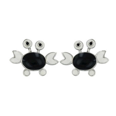 Sterling Silver Earring Black+White Enamel Crab with Black Eyes