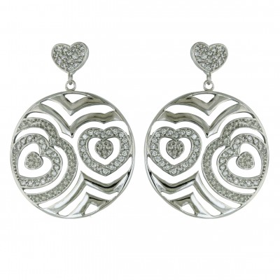 Sterling Silver Earring 30X30mm Clear Cubic Zirconia Open Heart Layers Round--Rhodium Plating