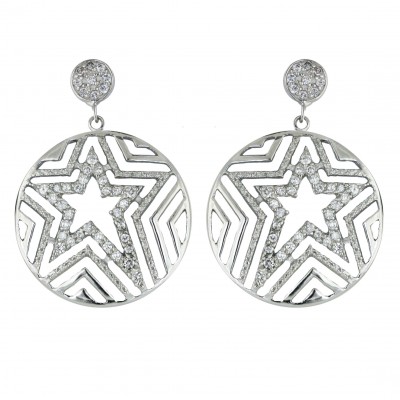 Sterling Silver Earring 30X30mm Open Clear Cubic Zirconia Star Round--Rhodium Plating/Nickle Free--