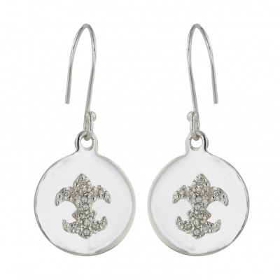 Sterling Silver Earring 15mm Silver Round with Clear Cubic Zirconia Fleuis-Del-Lis+F
