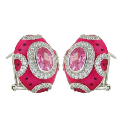 Sterling Silver Earring Faceted Oval Pink Cubic Zirconia with Pink (#Tc32) +Black Do
