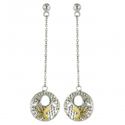 Sterling Silver Earring 16mm 2 Tone Gold Flower on Open Plain Round
