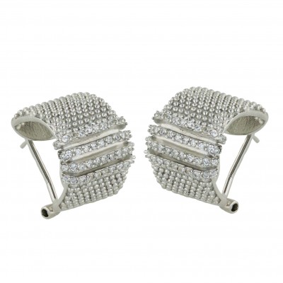 Sterling Silver Earring 4 Clear Cubic Zirconia Line Column with Omega Back+Dots