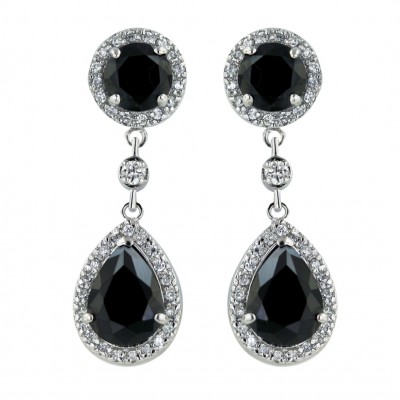 Sterling Silver Earring 17X13mm Black Cubic Zirconia Tear Drop with 12X12mm Black Cubic Zirconia Round