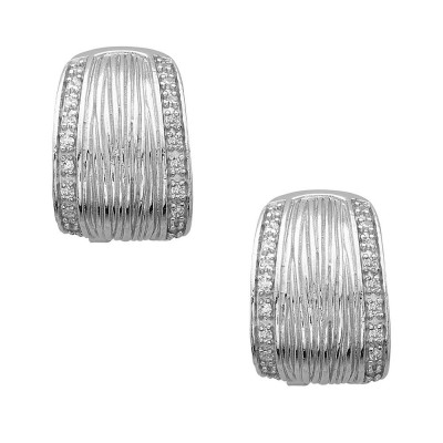 Sterling Silver Earring Rhodium Plating Plate Line Texture+Clear Cubic Zirconia with Omega