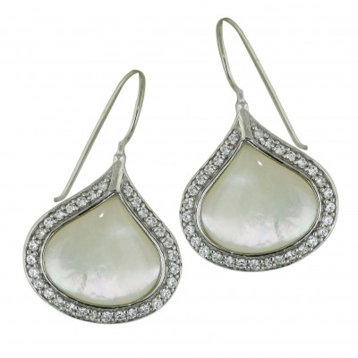 Sterling Silver Earring 21mm White Mother of Pearl Tear Drop with Clear Cubic Zirconia Around--Rhodium Plating/