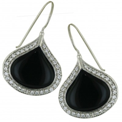 Sterling Silver Earring 21mm Onyx Tear Drop with Clear Cubic Zirconia Around--Rhodium Plating/Nickle Free--