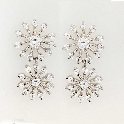Sterling Silver Earring 27mm Clear Cubic Zirconia Snowflake--Rhodium Plating/Nickle Free--