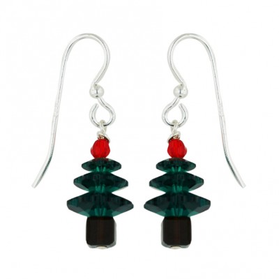 Sterling Silver Earring Red+Green+Coffee Crystal Christmas Tree