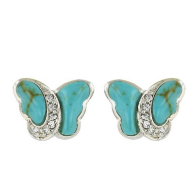 Sterling Silver Earring 16X13mm Faux Turquoise Butterfly with Clear Cubic Zirconia Ctr