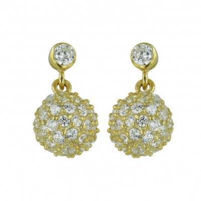 Sterling Silver Earring (Gold Plate) Clear Cubic Zirconia Bezel Top with 9mm Clear Cubic Zirconia
