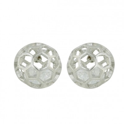Sterling Silver Earring 11mm Open Silver Hexagon Ball with Clear Cubic Zirconia Insi
