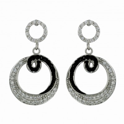 Sterling Silver Earring 17mm Open Clear Cubic Zirconia Round+Black Cubic Zirconia Swirl--Black Rhodium Plating/