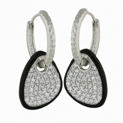 Sterling Silver Earring Matt Finishing Hammered Huggies (Rhodium Plating) +Pave C