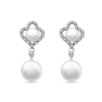Sterling Silver Earring Open Clear Cubic Zirconia+2 White Fresh Water Pearl