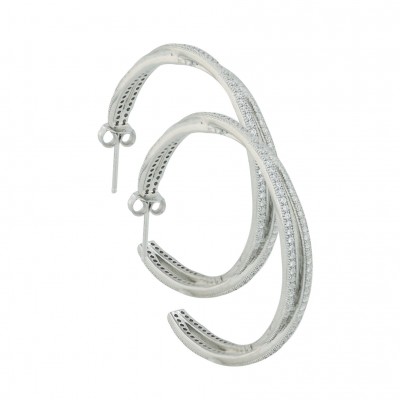 Sterling Silver Earring (W=41mm) Micropave Clear Cubic Zirconia Criss-Cross Pos