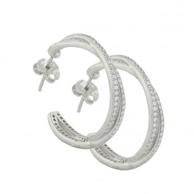 Sterling Silver Earring (W=25mm) Micropave Clear Cubic Zirconia Criss Cross (Sm)
