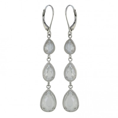 Sterling Silver Earring 3 Graduated Clear Cubic Zirconia Tear Drop with Levelback
