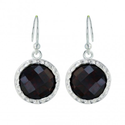 Sterling Silver Earring 13mm Garnet Cubic Zirconia Round Chess Cut Hammerred Aroun