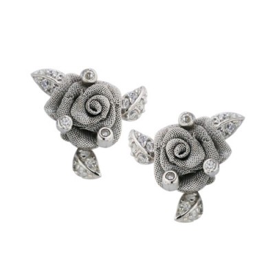 Sterling Silver Earring 10mm Rhodium Plating Plating Mesh Flower (Brass) with Clear Cubic Zirconia