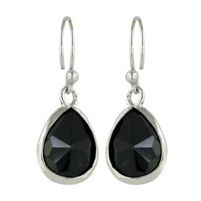Sterling Silver Earring 8X11mm Black Cubic Zirconia Tear Drop Hammerred Bezel Set with