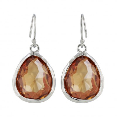 Sterling Silver Earring 12-15mm Champagne Cubic Zirconia Tear Drop Hammerred Bezel Set with