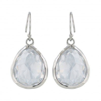 Sterling Silver Earring 12X15mm Clear Cubic Zirconia Tear Drop Hammerred Bezel Set with